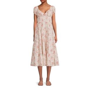0306 - Puff Sleeve Smocked Midi Dress Dainty Floral Almond Milk